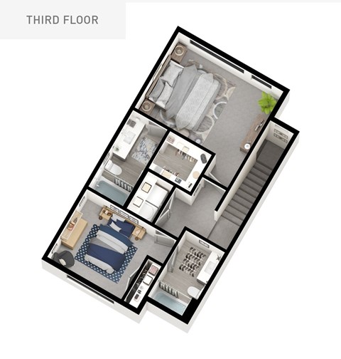 A 3D floor plan of a third floor apartment layout.